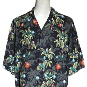 2014 TOMMY BAHAMA Seasons Greetings Silk Shirt sz M Tree Bird Ornament Christmas